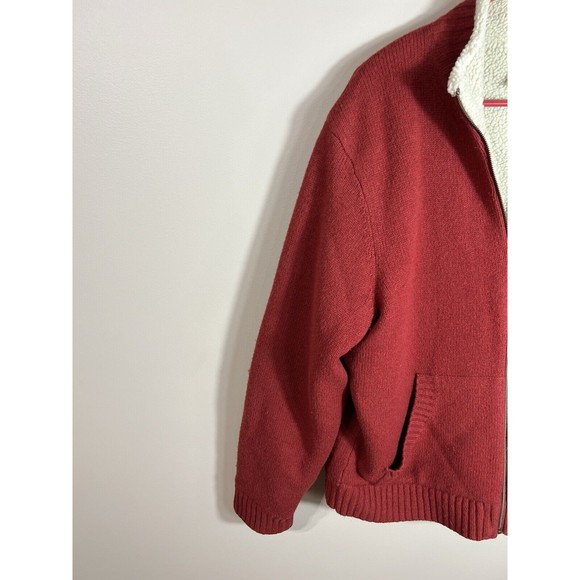 L.L.Bean Sherpa Sweater Large Lambswool Full Zip Cardigan Jacket Red Orange - Picture 2 of 11